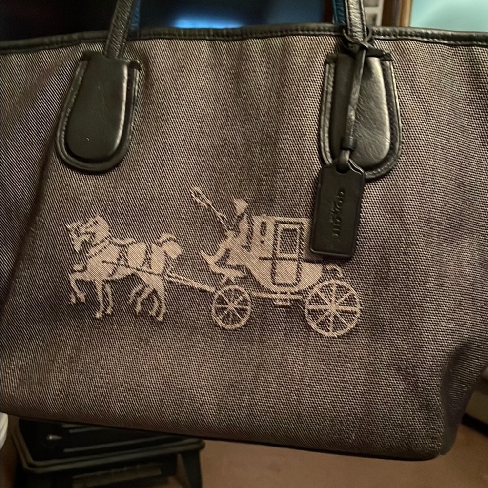Coach Black and Gray DENIM Tote with Carriage Design